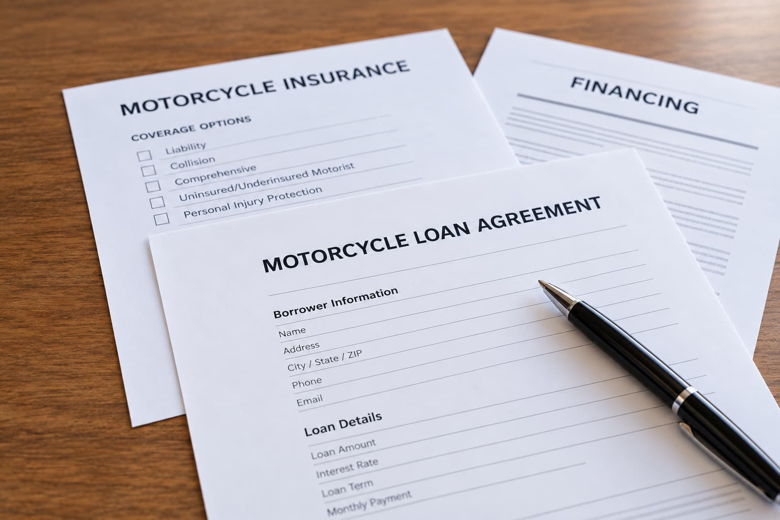 Motorcycle financing and insurance paperwork for a financed bike in Oklahoma City