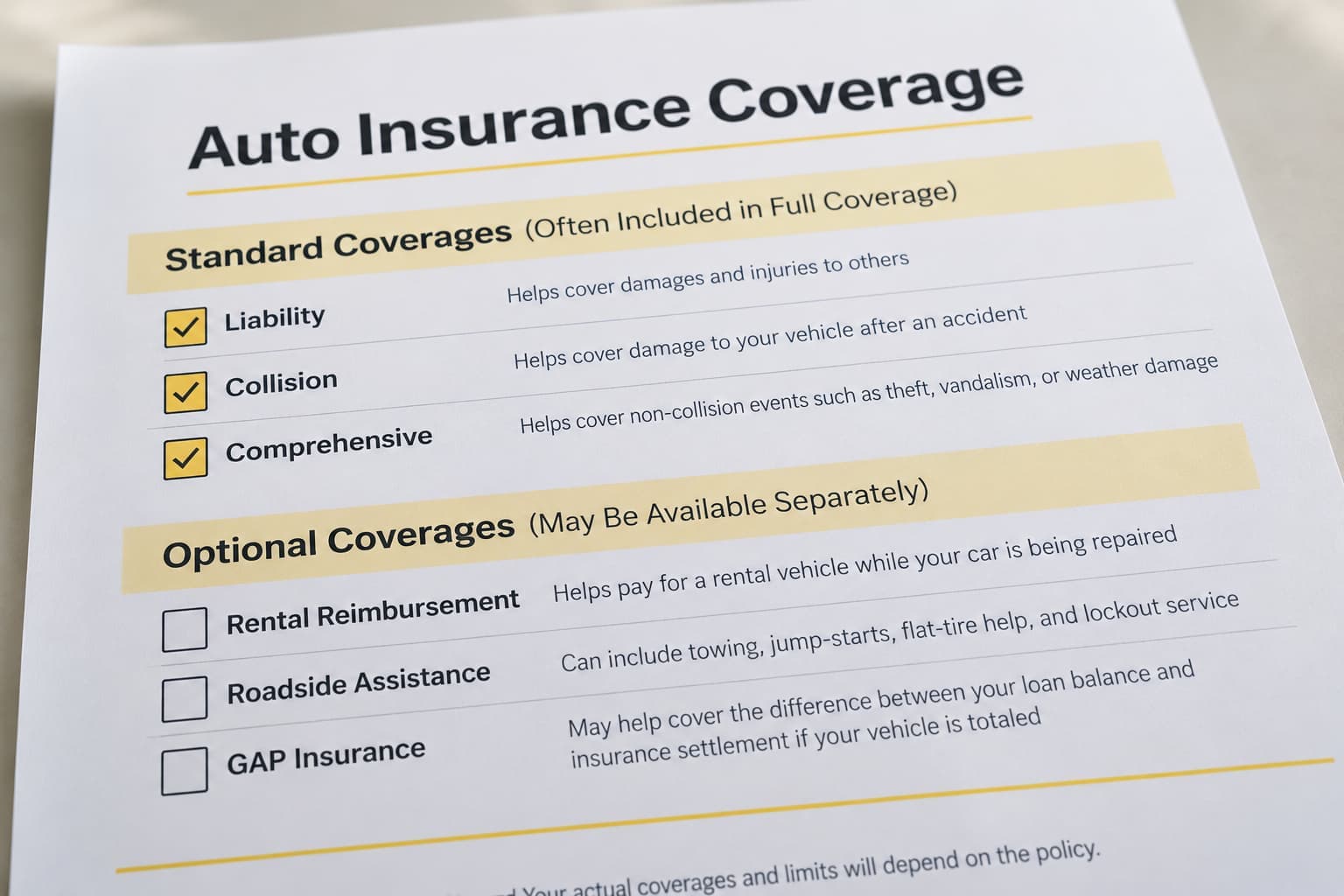 Full Coverage car insurance checklist showing liability, collision, comprehensive, roadside assistance, rental reimbursement, and GAP coverage.