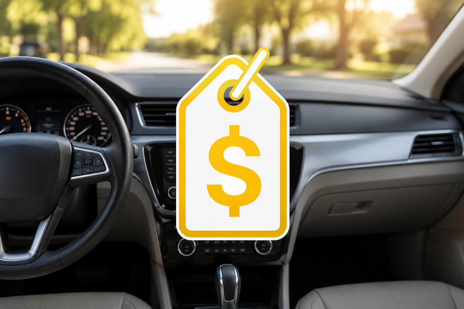 Yellow price tag icon inside a car representing low-cost car insurance