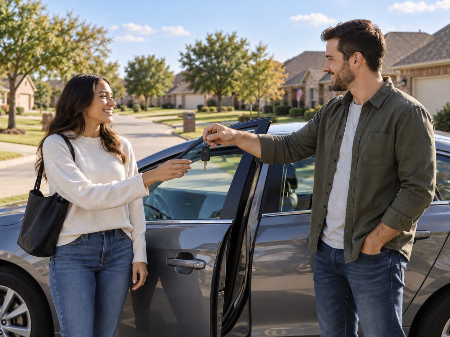 Driver receiving car keys while borrowing a vehicle in an Oklahoma neighborhood.