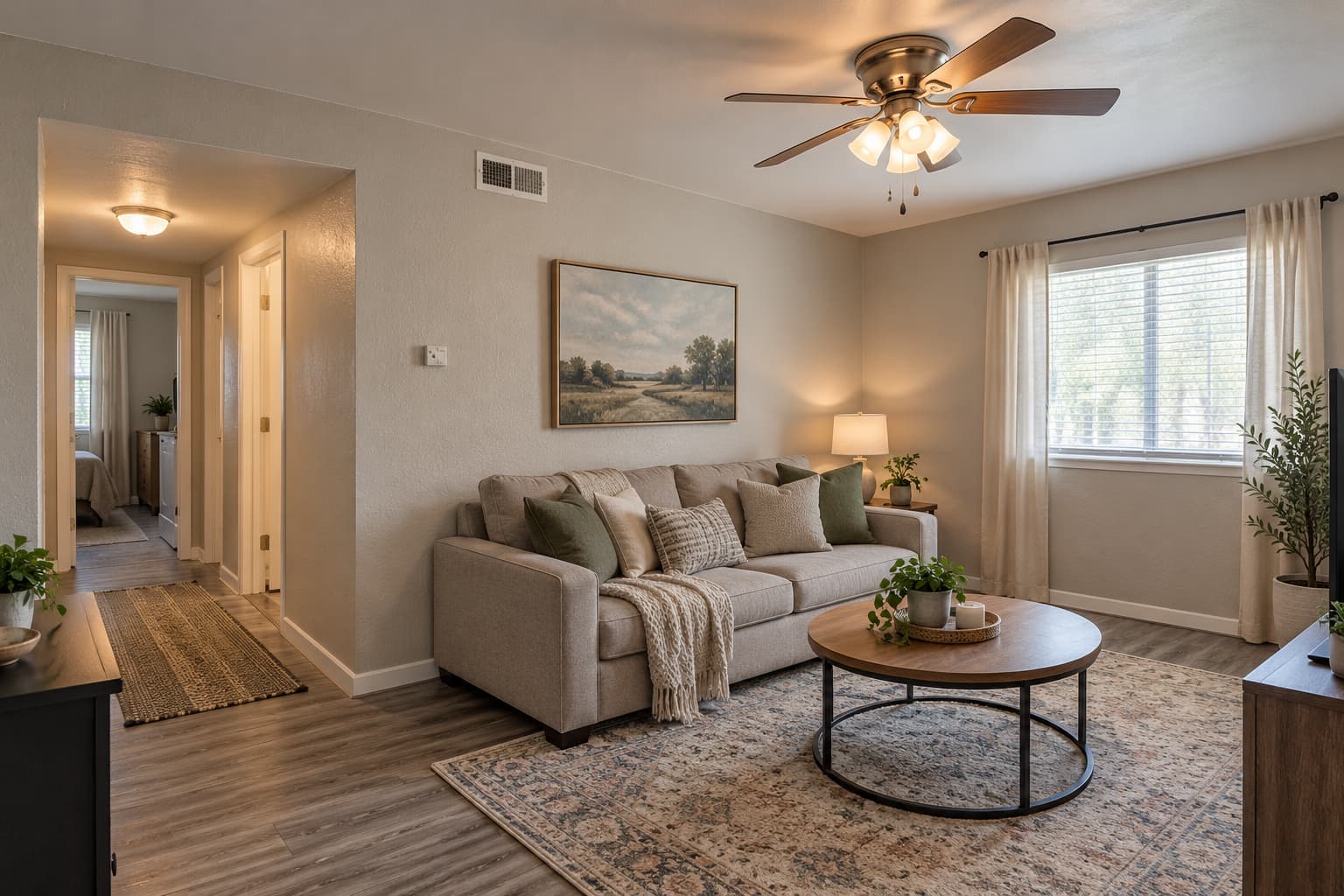Living room inside a modest Oklahoma City apartment with a sofa, coffee table, and everyday household belongings