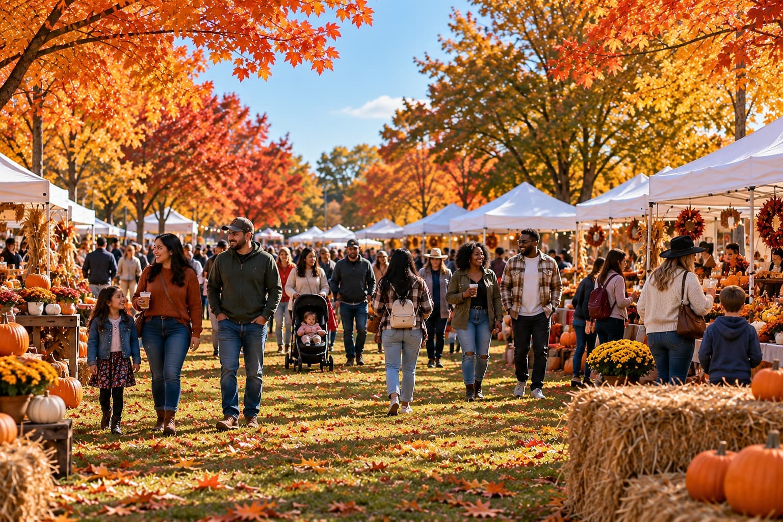 Families and visitors enjoying an outdoor fall festival in Oklahoma with vendor tents, pumpkins, and colorful autumn trees.